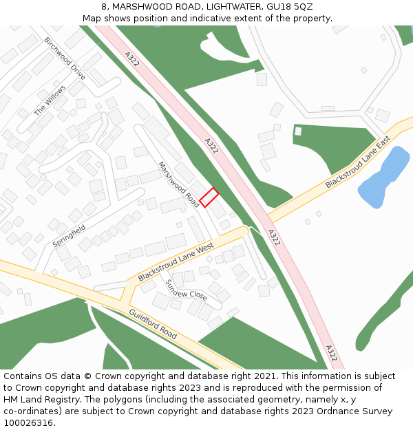 8, MARSHWOOD ROAD, LIGHTWATER, GU18 5QZ: Location map and indicative extent of plot