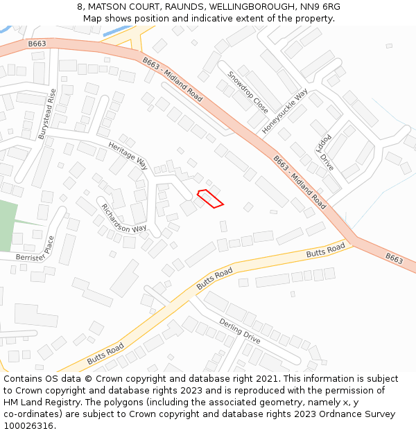 8, MATSON COURT, RAUNDS, WELLINGBOROUGH, NN9 6RG: Location map and indicative extent of plot