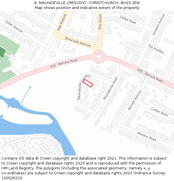 8, MAUNDEVILLE CRESCENT, CHRISTCHURCH, BH23 2EW: Location map and indicative extent of plot