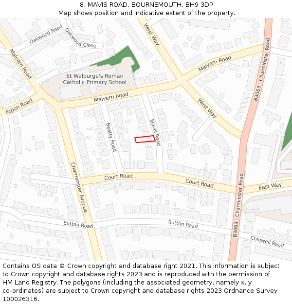 8, MAVIS ROAD, BOURNEMOUTH, BH9 3DP: Location map and indicative extent of plot