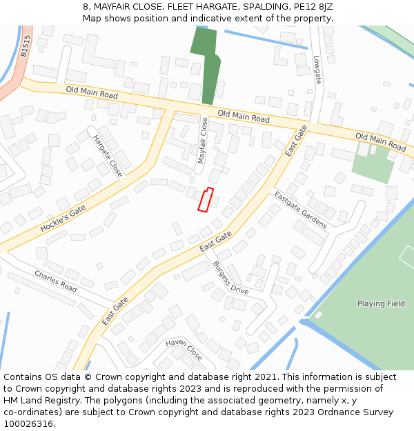 8, MAYFAIR CLOSE, FLEET HARGATE, SPALDING, PE12 8JZ: Location map and indicative extent of plot