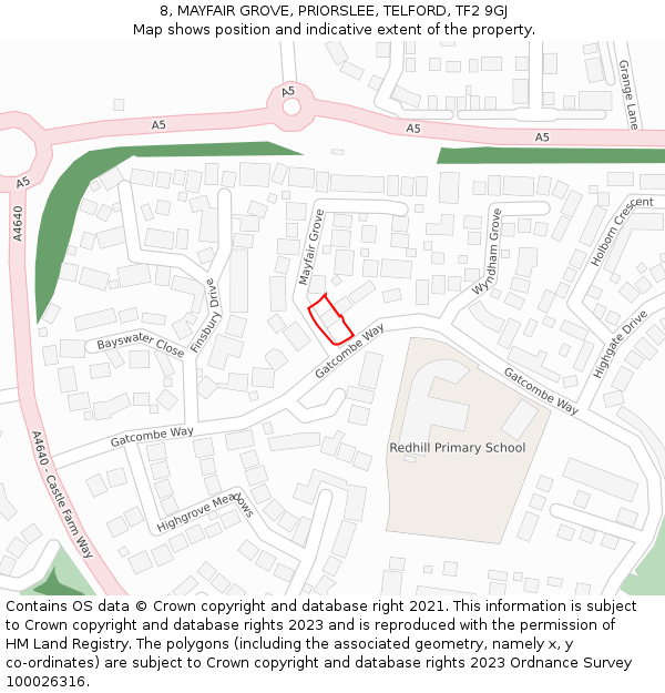 8, MAYFAIR GROVE, PRIORSLEE, TELFORD, TF2 9GJ: Location map and indicative extent of plot