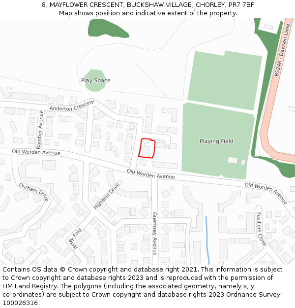 8, MAYFLOWER CRESCENT, BUCKSHAW VILLAGE, CHORLEY, PR7 7BF: Location map and indicative extent of plot