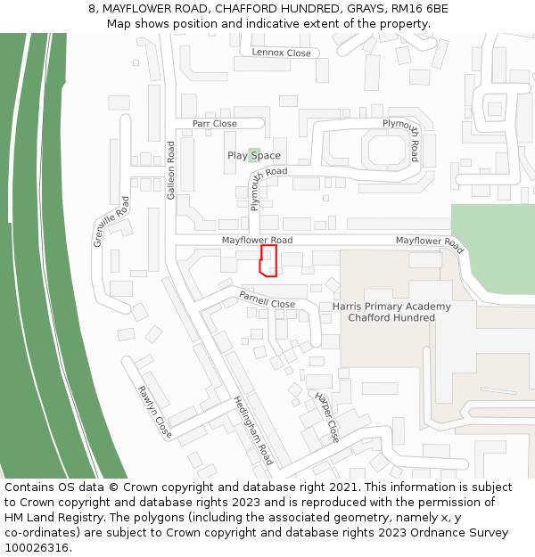 8, MAYFLOWER ROAD, CHAFFORD HUNDRED, GRAYS, RM16 6BE: Location map and indicative extent of plot