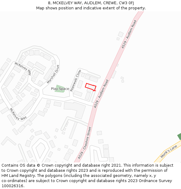 8, MCKELVEY WAY, AUDLEM, CREWE, CW3 0FJ: Location map and indicative extent of plot