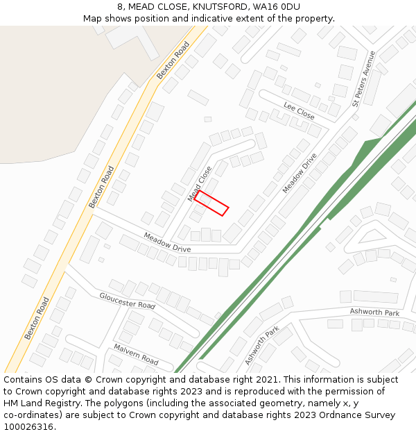 8, MEAD CLOSE, KNUTSFORD, WA16 0DU: Location map and indicative extent of plot