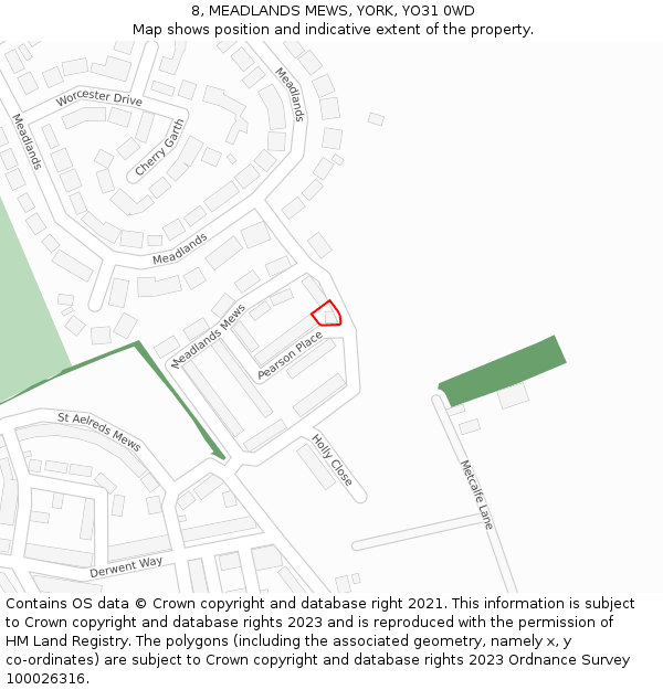 8, MEADLANDS MEWS, YORK, YO31 0WD: Location map and indicative extent of plot