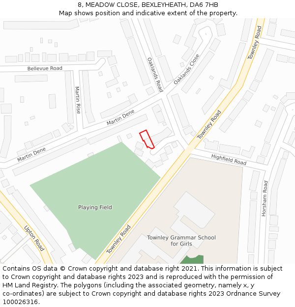 8, MEADOW CLOSE, BEXLEYHEATH, DA6 7HB: Location map and indicative extent of plot