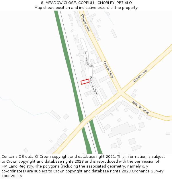 8, MEADOW CLOSE, COPPULL, CHORLEY, PR7 4LQ: Location map and indicative extent of plot
