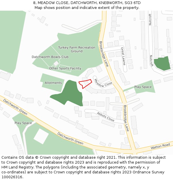 8, MEADOW CLOSE, DATCHWORTH, KNEBWORTH, SG3 6TD: Location map and indicative extent of plot