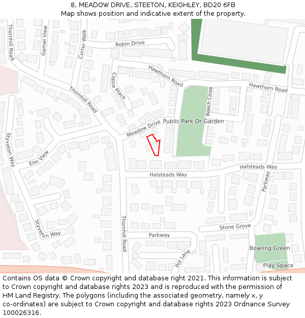 8, MEADOW DRIVE, STEETON, KEIGHLEY, BD20 6FB: Location map and indicative extent of plot