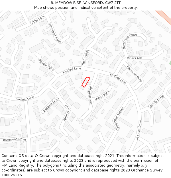 8, MEADOW RISE, WINSFORD, CW7 2TT: Location map and indicative extent of plot