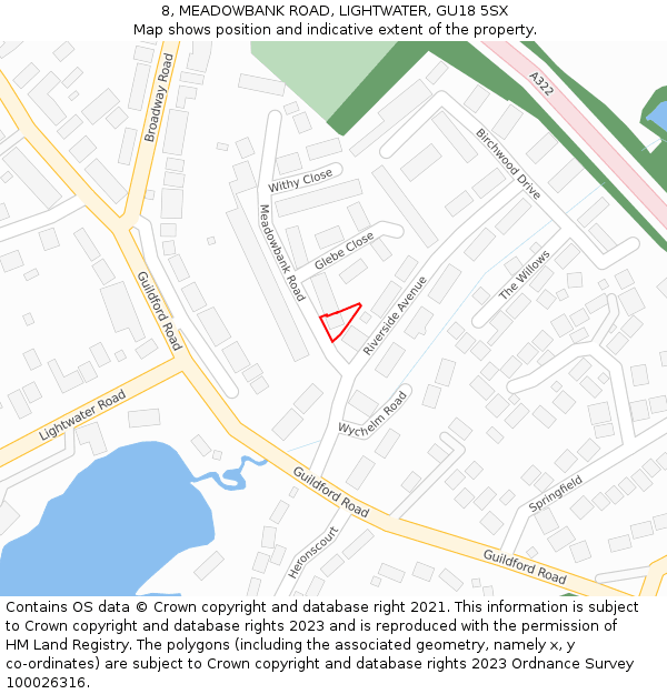 8, MEADOWBANK ROAD, LIGHTWATER, GU18 5SX: Location map and indicative extent of plot