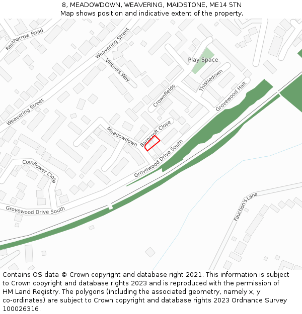 8, MEADOWDOWN, WEAVERING, MAIDSTONE, ME14 5TN: Location map and indicative extent of plot