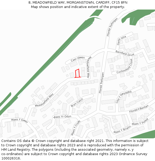 8, MEADOWFIELD WAY, MORGANSTOWN, CARDIFF, CF15 8FN: Location map and indicative extent of plot