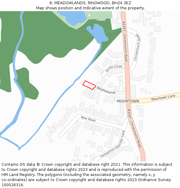 8, MEADOWLANDS, RINGWOOD, BH24 3EZ: Location map and indicative extent of plot