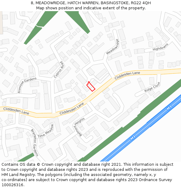 8, MEADOWRIDGE, HATCH WARREN, BASINGSTOKE, RG22 4QH: Location map and indicative extent of plot