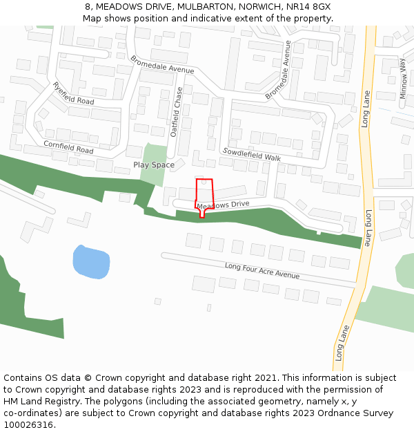 8, MEADOWS DRIVE, MULBARTON, NORWICH, NR14 8GX: Location map and indicative extent of plot