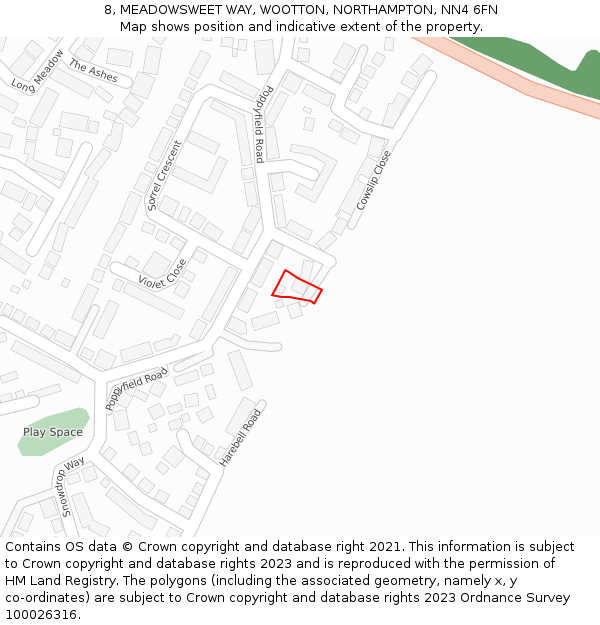 8, MEADOWSWEET WAY, WOOTTON, NORTHAMPTON, NN4 6FN: Location map and indicative extent of plot