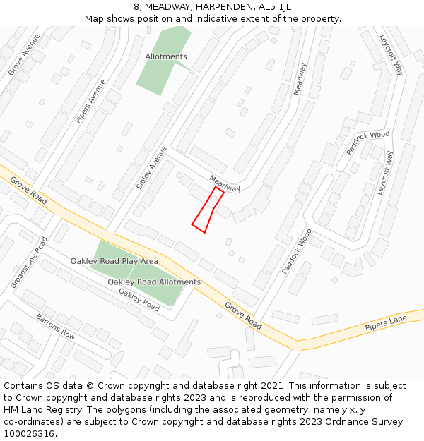 8, MEADWAY, HARPENDEN, AL5 1JL: Location map and indicative extent of plot