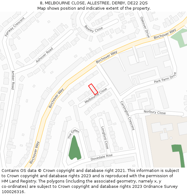 8, MELBOURNE CLOSE, ALLESTREE, DERBY, DE22 2QS: Location map and indicative extent of plot