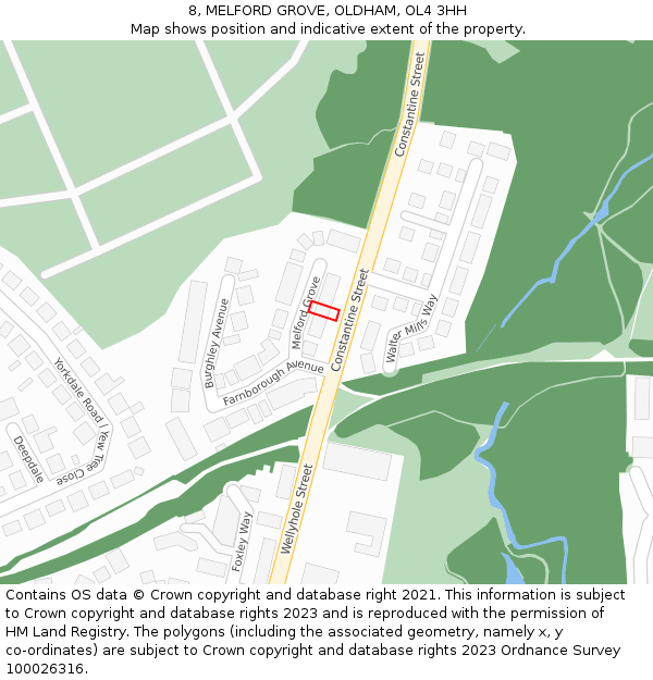 8, MELFORD GROVE, OLDHAM, OL4 3HH: Location map and indicative extent of plot