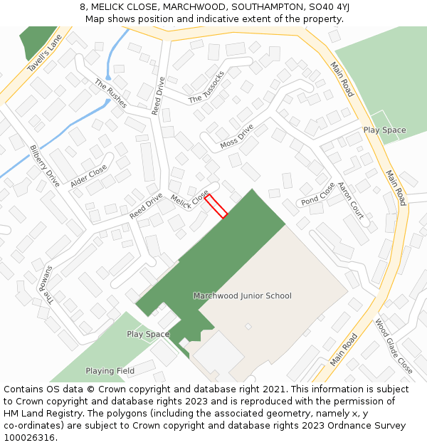 8, MELICK CLOSE, MARCHWOOD, SOUTHAMPTON, SO40 4YJ: Location map and indicative extent of plot