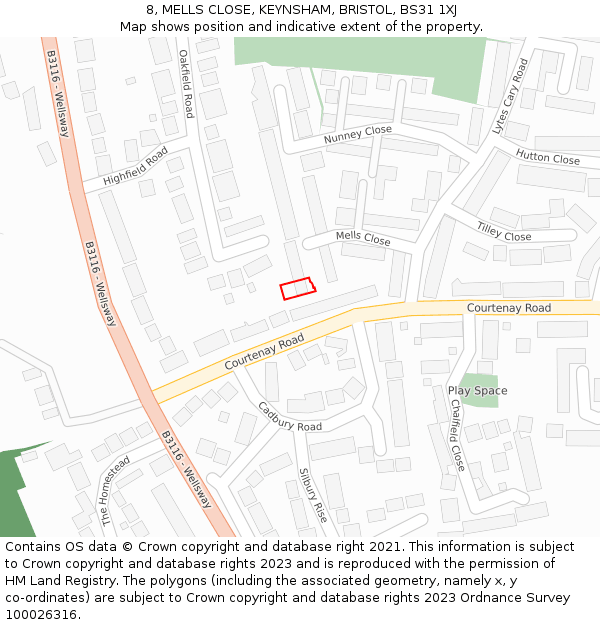 8, MELLS CLOSE, KEYNSHAM, BRISTOL, BS31 1XJ: Location map and indicative extent of plot