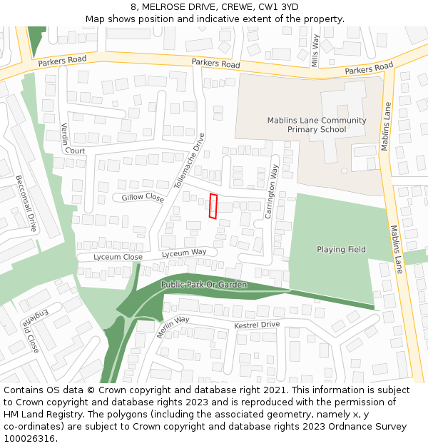 8, MELROSE DRIVE, CREWE, CW1 3YD: Location map and indicative extent of plot