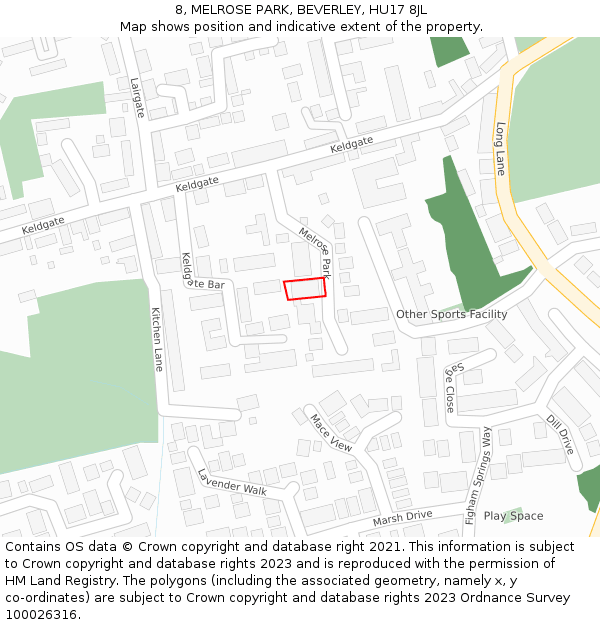 8, MELROSE PARK, BEVERLEY, HU17 8JL: Location map and indicative extent of plot