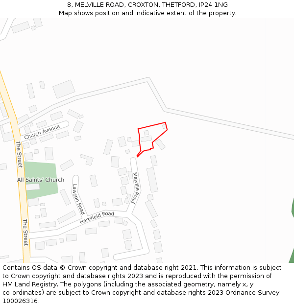 8, MELVILLE ROAD, CROXTON, THETFORD, IP24 1NG: Location map and indicative extent of plot