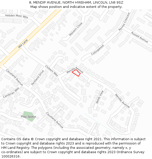 8, MENDIP AVENUE, NORTH HYKEHAM, LINCOLN, LN6 9SZ: Location map and indicative extent of plot