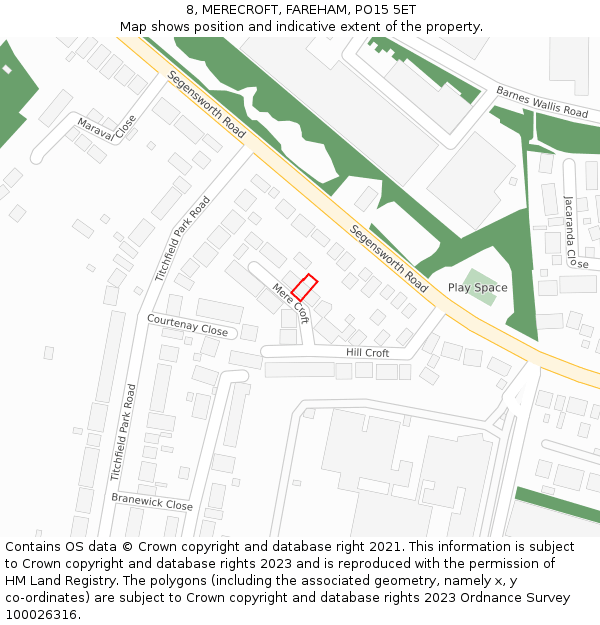 8, MERECROFT, FAREHAM, PO15 5ET: Location map and indicative extent of plot