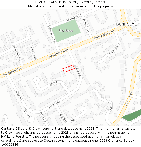 8, MERLESWEN, DUNHOLME, LINCOLN, LN2 3SL: Location map and indicative extent of plot