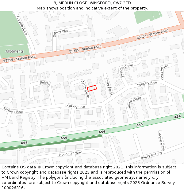 8, MERLIN CLOSE, WINSFORD, CW7 3ED: Location map and indicative extent of plot