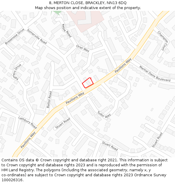 8, MERTON CLOSE, BRACKLEY, NN13 6DQ: Location map and indicative extent of plot