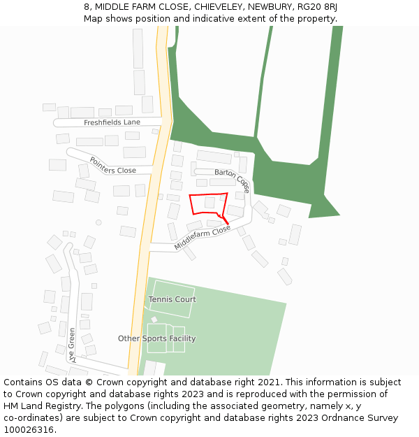 8, MIDDLE FARM CLOSE, CHIEVELEY, NEWBURY, RG20 8RJ: Location map and indicative extent of plot