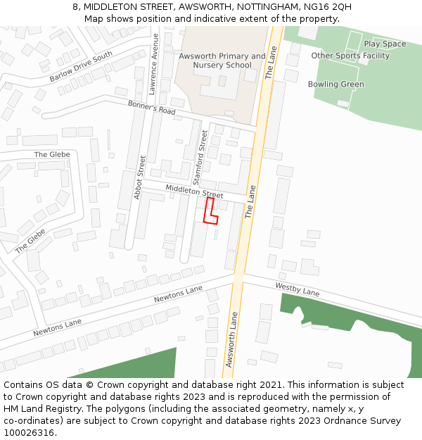 8, MIDDLETON STREET, AWSWORTH, NOTTINGHAM, NG16 2QH: Location map and indicative extent of plot