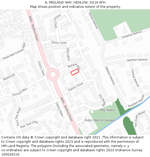 8, MIDLAND WAY, HENLOW, SG16 6FH: Location map and indicative extent of plot