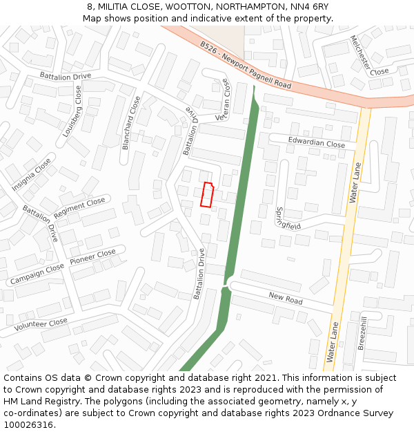 8, MILITIA CLOSE, WOOTTON, NORTHAMPTON, NN4 6RY: Location map and indicative extent of plot