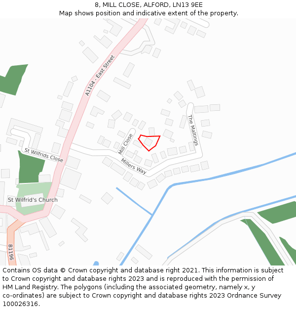 8, MILL CLOSE, ALFORD, LN13 9EE: Location map and indicative extent of plot