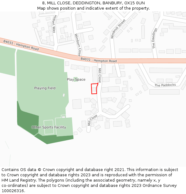 8, MILL CLOSE, DEDDINGTON, BANBURY, OX15 0UN: Location map and indicative extent of plot