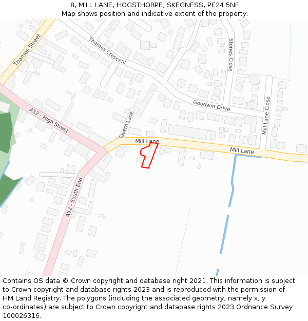 8, MILL LANE, HOGSTHORPE, SKEGNESS, PE24 5NF: Location map and indicative extent of plot