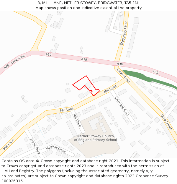 8, MILL LANE, NETHER STOWEY, BRIDGWATER, TA5 1NL: Location map and indicative extent of plot