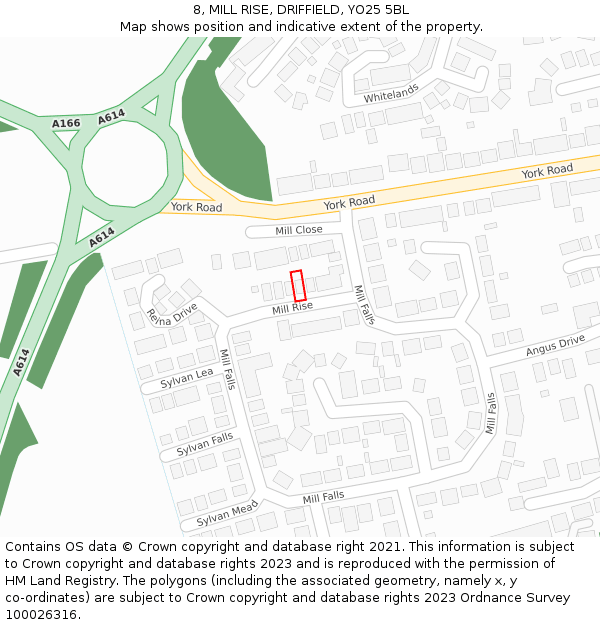 8, MILL RISE, DRIFFIELD, YO25 5BL: Location map and indicative extent of plot