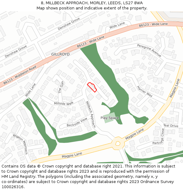 8, MILLBECK APPROACH, MORLEY, LEEDS, LS27 8WA: Location map and indicative extent of plot