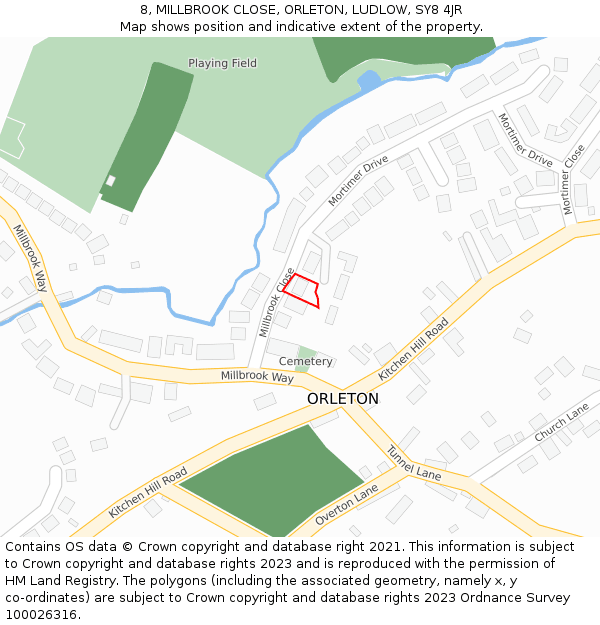 8, MILLBROOK CLOSE, ORLETON, LUDLOW, SY8 4JR: Location map and indicative extent of plot