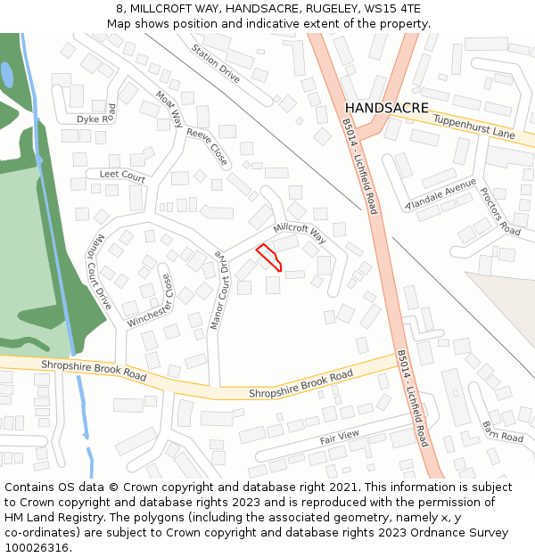 8, MILLCROFT WAY, HANDSACRE, RUGELEY, WS15 4TE: Location map and indicative extent of plot