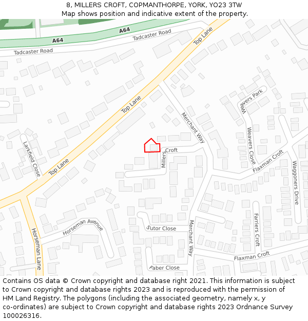 8, MILLERS CROFT, COPMANTHORPE, YORK, YO23 3TW: Location map and indicative extent of plot