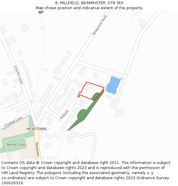 8, MILLFIELD, BEAMINSTER, DT8 3EX: Location map and indicative extent of plot